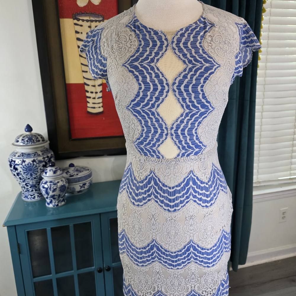 Karlie Lace Blue Sheath Dress with Flutter Cap Sleeves